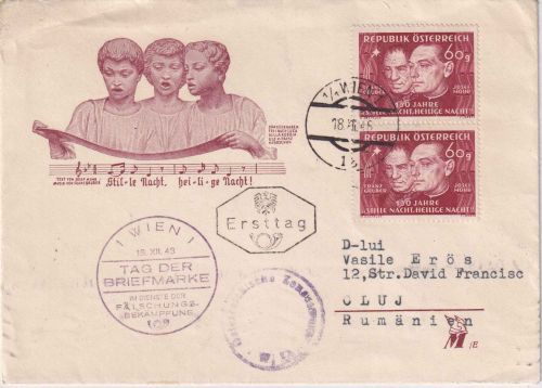 Österreich - 2x60g Weihnachten Schmuck-FDC n. RUMÄNIEN EST Wien 18.12.48