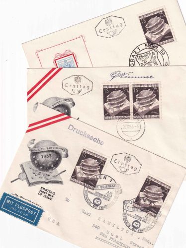 Österreich - 2x1 S. Tag d. Briefmarke Schmuck-FDC/Lupo-Drucksache n. USA 1953