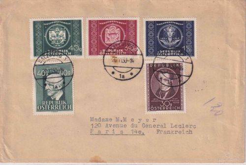 Österreich - 75 Jahre Weltpostverein Satz u.a. Brief n. FRANKREICH Salzburg 1950