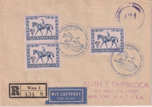 Österreich - 3x60g Pferderennen u.a. Lupo-Einschreibebrief/FDC n. USA 1947