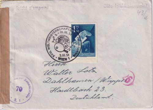Österreich - 1,70 S. Volksabstimmung Zensurbrief SST Wien Tischtennis-WM 1951