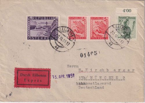 Österreich - 5 S. Landschaften u.a. Eilbrief Salzburg - München/postlagernd 1951