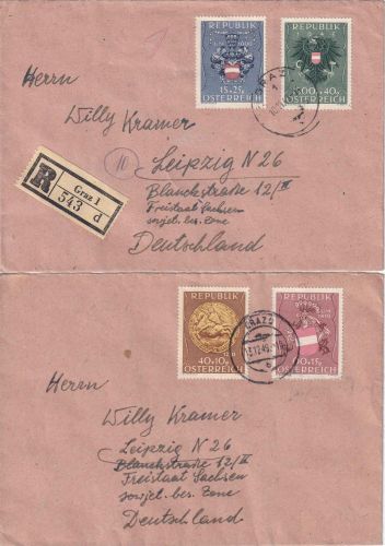 Österreich - Kgf.- u. Heimkehrerfürsorge Satz/2 Briefe Graz - Leipzig 1949