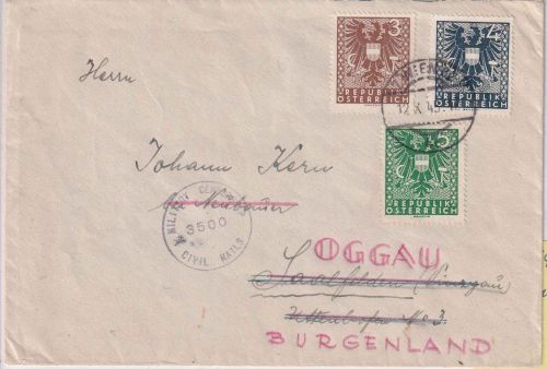 Österreich - 5+4+3 Pfg. Wappen Zensurbbrief Wien - Oggau 12.10.45