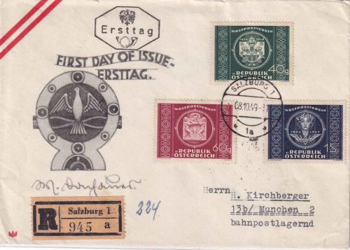 Österreich - 75 Jahre Weltpostverein Schmuck-FDC/Einschreiben Salzburg 8.10.49