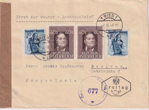 Österreich - 2x40g A. Stifter u.a. Zensurbrief/FDC n. JUGOSLAWIEN Wien 6.9.48