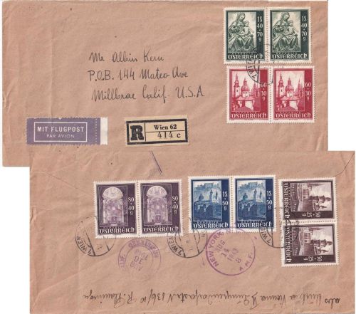 Österreich - Salzburger Dom Teilsatz 2x Lupo-Einschreibebrief n. USA Wien 1948