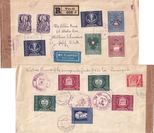 Österreich - 75 J. Weltpostverein Satz 2x u.a. Lupo-Einschreibebrief n. USA 1949
