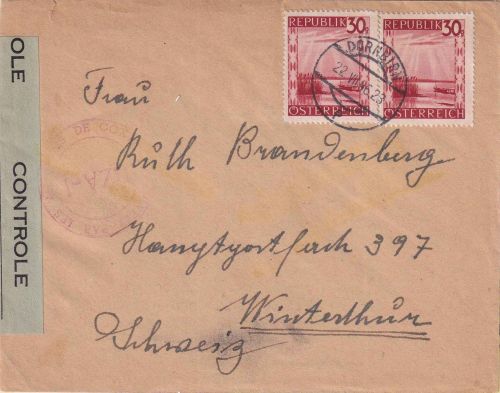 Österreich - 2x30g Landschaften Zensurbrief i.d. SCHWEIZ Dornbirn 22.6.46