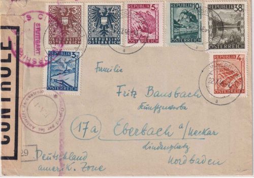Österreich - 38g Landschaften u.a. Zensurbrief Innsbruck - Eberbach 22.7.46