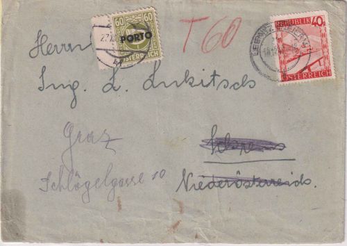 Österreich - 40g Landschaften Brief Leibnitz - Schrems 1947 Nachporto