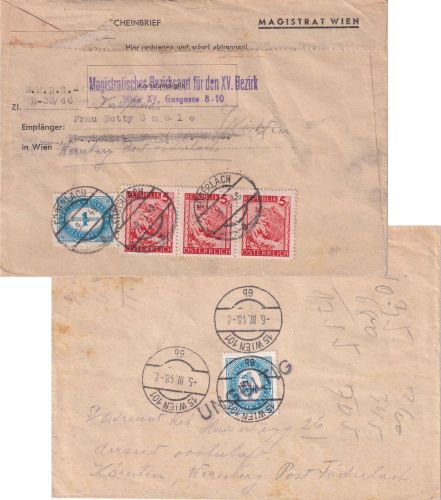 Österreich - 3x5g Landschaften u.a. Rückscheinbrief Wien 1948 Nachsendung