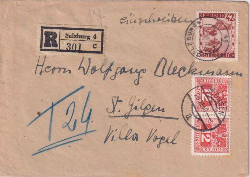Österreich - 42g Landschaften Einschreibebrief Salzburg - St. Gilgen 1946
