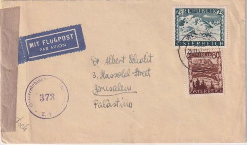 Österreich - 2 S. + 80g Landschaften Luftpostbrief n. PALÄSTINA Wien 29.11.47