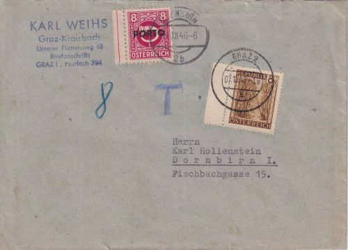 Österreich - 8g Landschaften Brief Garz - Dornbirn 7.12.46 Nachporto
