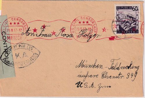 Österreich - 60g Landschaften Zensurbrief Mötz - München 25.8.47
