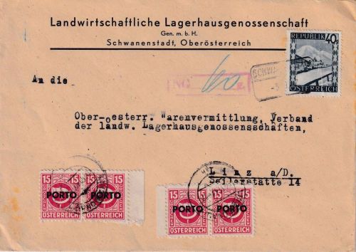 Österreich - 40g Landschaften Brief Schwanenstadt - Linz 3.11.47 Nachporto