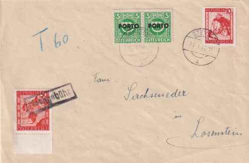 Österreich - 10g Landschaften Brief Steyr - Losenstein 27.1.48 Nachporto