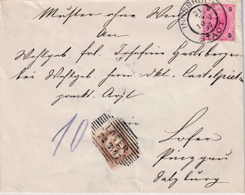 Österreich - 5 Kr. FJ Brief/Muster ohne Wert Innsbruck - Lofer 1897 Nachporto