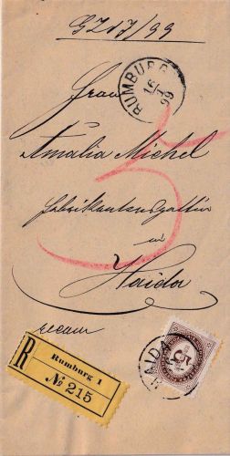 Österreich - 5 Kr. Portomarke portopfl. Einschreibe-Dienstbrief Rumburg 1899