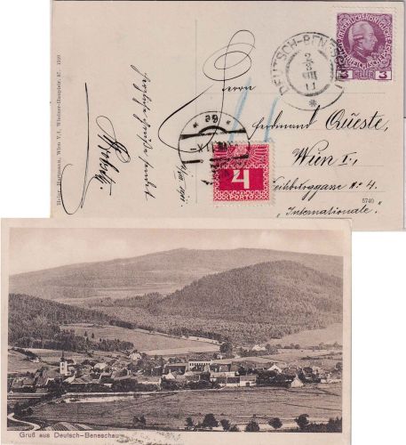 Österreich - 3 H. Jubiläum AK Deutsch-Beneschau - Wien 1911 Nachporto