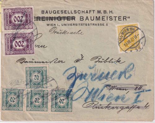 Österreich - 80 K. Hammer/Zange Orstdrucksachenbrief Wien 19.3.23 Nachporto
