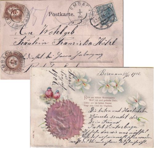 Österreich - Bozen 1905 Glückwunschkarte n. Lembach - Nachporto