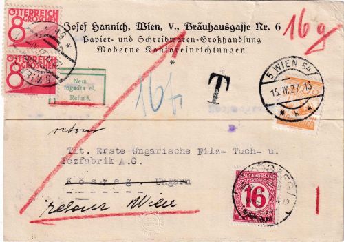 Österreich/Ungarn - Wien 1927 unterfrankierte Firmenkarte n. Köszeg + retour