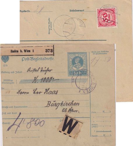 Österreich - Baden b. Wien 1921 bar frank. Wertpaketkarte n. Burgkirchen