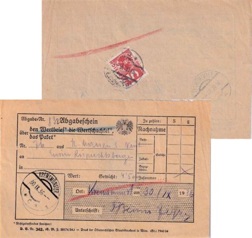 Österreich - 5g Portomarke Paketaufgabeschein Kremsmünster 1936