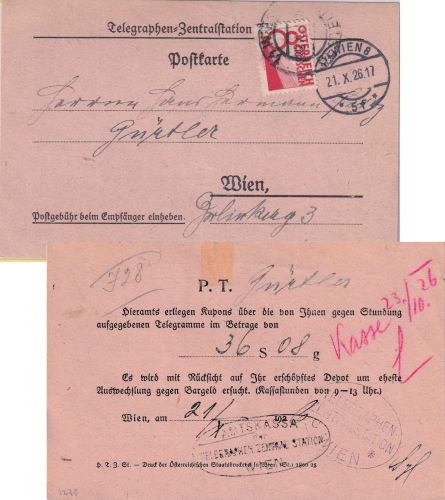 Österreich - 8g Portomarke Telegraphenquittung (Sammelrechnung) Wien 1926