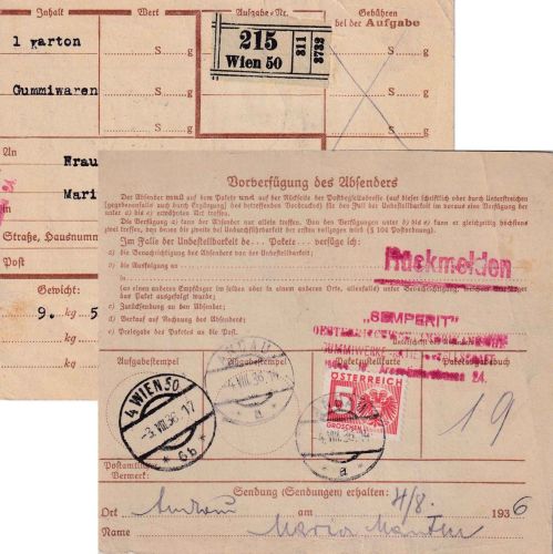 Österreich - Wien 1936 unfrankierte Paketkarte n. Andau + Aushändigungsgebühr