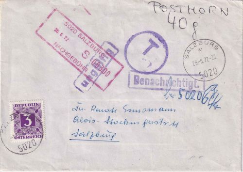 Österreich - Salzburg 1972 unfrankierter Ortsbrief Nachgebührstpl. + Portomarke