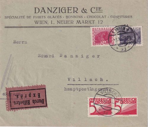 Österreich - 30+24g kl. Landschaften Eilbrief Wien -Villach/postlagernd 1932