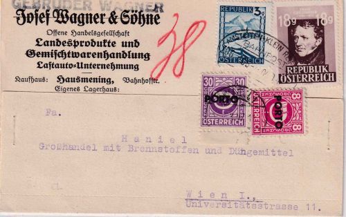 Österreich - 18g Grillparzer u.a. Karte Bahnpost Mastetten/Kleinreifling 1947