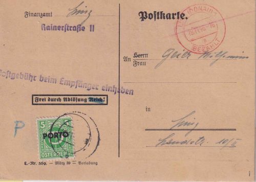 Österreich - Linz 19.11.46 Frei d. Ablösung/Ortskarte m. Nachporto