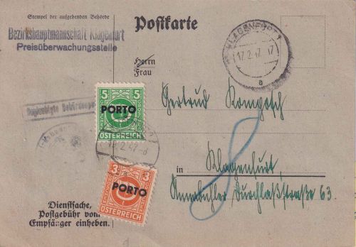 Österreich - Klagenfurt 19.2.47 unfrankierte Orts-Dienstpostkarte - Nachgebühr