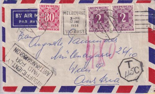 Australien/Österreich - Melbourne 1958 unfrank. Luftpostbrief n Wien - Nachporto