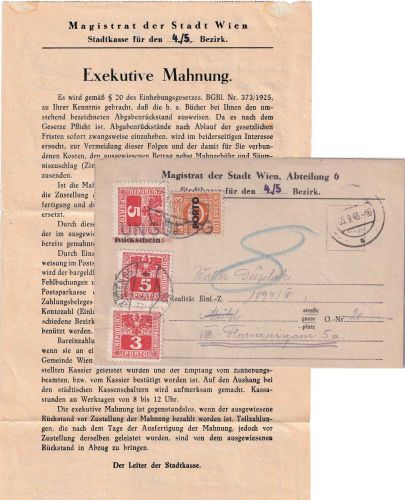 Österreich - Wien 5.9.46 unfrankierter Dienst-Ortsbrief - 2x Nachporto