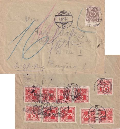 Österreich - 12g Posthorn Ortsbrief Wien 7.11.45 - 3x Nachporto !