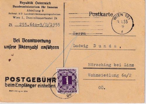 Österreich - Wien 24.1.55 unfrankierte Dienstpostkarte n. Hörsching - Nachporto
