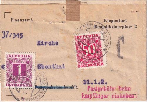 Österreich - Ebenthal 12.5.52 unfrankierter Orts-Dienstbrief - Nachporto