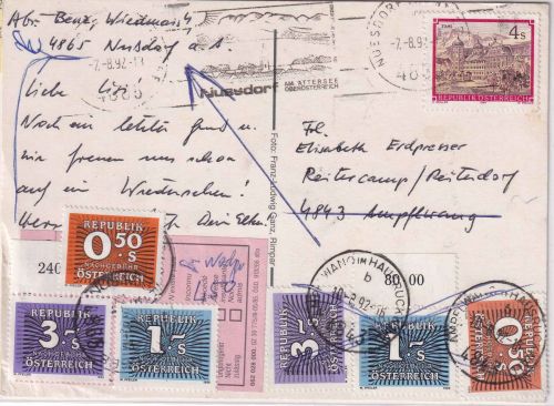 Österreich - 4 S. Stifte/Klöster Inlandskarte Nussdorf 1992 - 6 (!) Portomarken