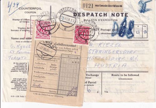 Österreich - Despatch Note für ein Paket "aus Canada ü. Wien 46" 1959 Nachporto