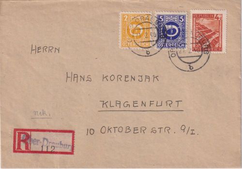 Österreich - 2+5 S. Posthorn u.a. Einschreibebrief Ober-Drauburg 21.2.46