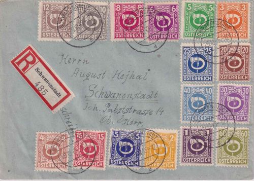 Österreich Posthorn/Freimarken Teilsatz Einschreibebrief Schwanenstadt 29.10.45