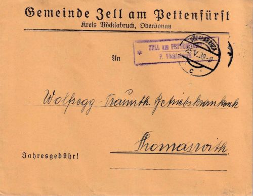 Österreich - Zell a. Pettenfürst P. Vöcklabruck Landpost-Ra2 Dienstbrief 1939