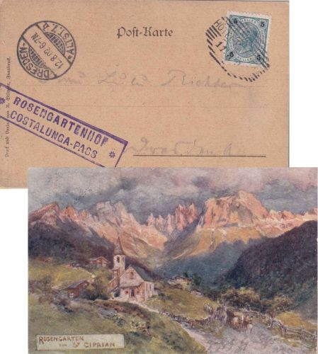 Österreich - Rosengartenhof Costalunga-Pass Postablage-Ra2 AK St. Ciprian 1902