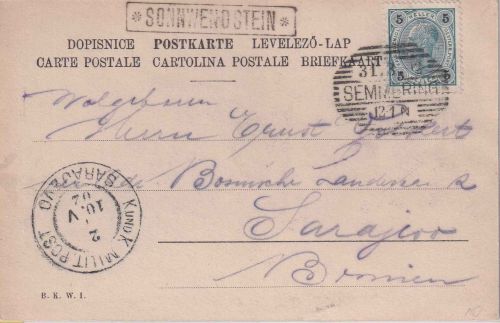 Österreich - Sonnwendstein Postablage-Ra1 Karte Semmering - Sarajevo 1902