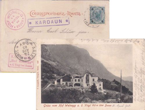 Österreich - Kardaun Postablage-Ra1 Karte Virgl ü. Bozen n. Aalen 1903